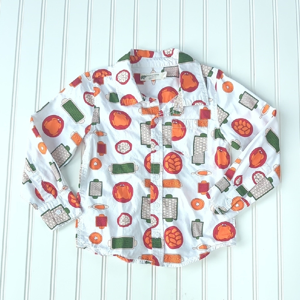 Monica+Andy thanksgiving dinner print button up shirt